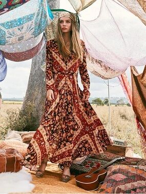 Spell Burgundy Floral & Bandana-Print Maxi Dress